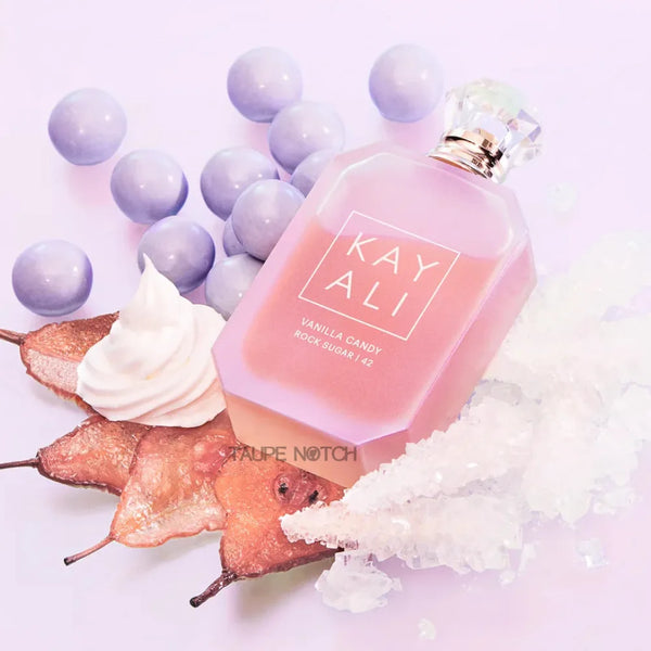 Eau de parfum bottle with KAY ALI vanilla candy rock sugar label, gold cap