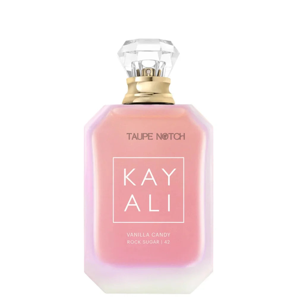 Eau de parfum bottle with taupe notch label and KAY ALI branding, 100ml