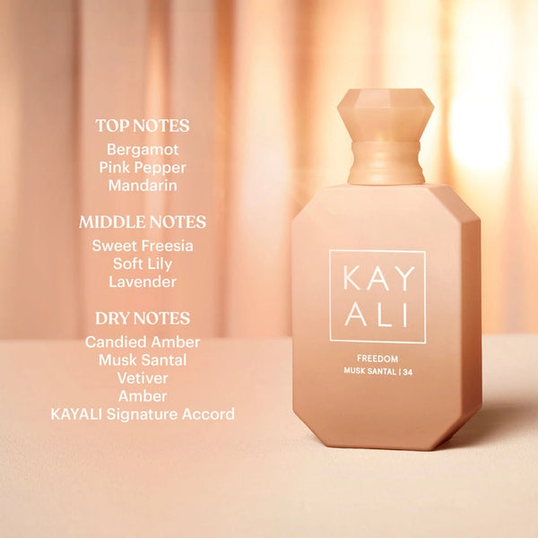 Kayali Freedom Musk Santal 34 eau de parfum bottle, amber glass, octagonal shape
