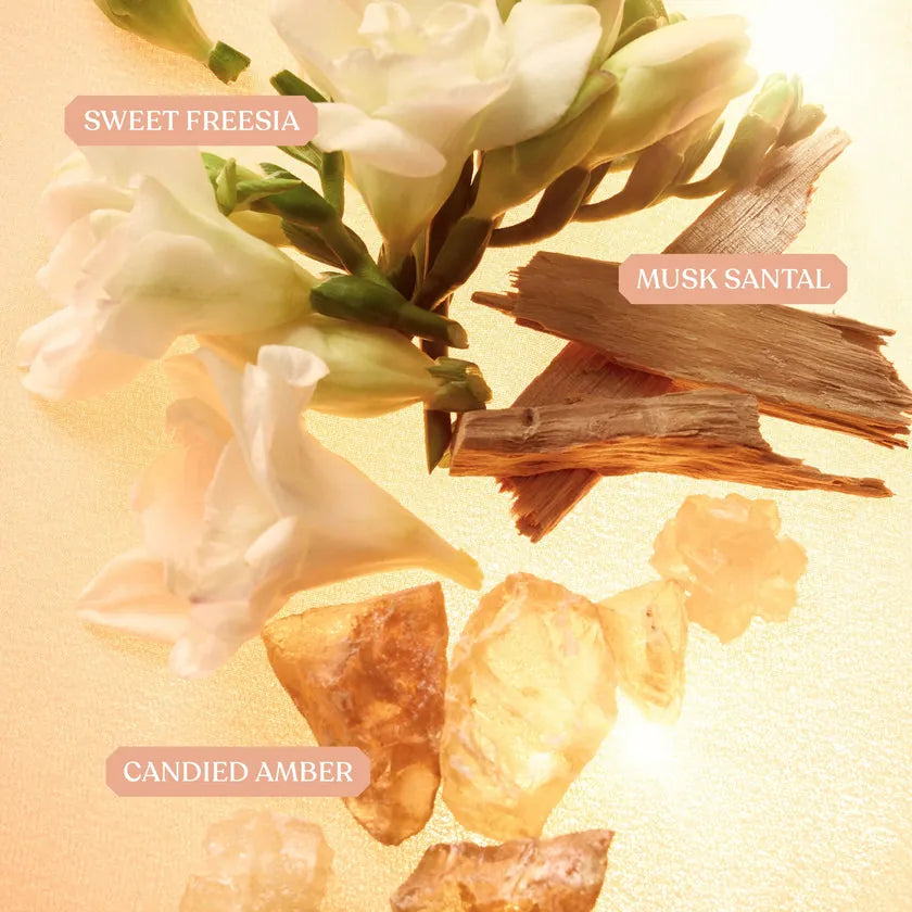 Eau de parfum notes with white flowers, candied amber pieces, and musky wood