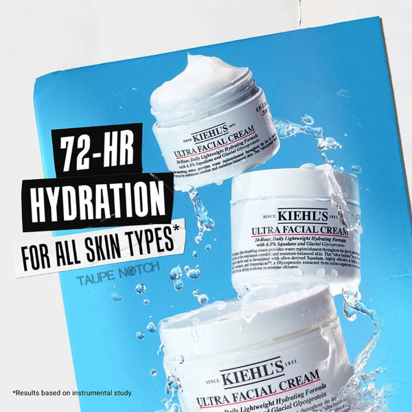 Kiehl’s Ultra Facial Cream jars with water splash hydration graphic