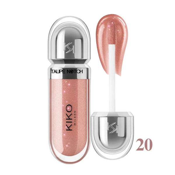 Shimmery rose-brown glossy lip gloss with KIKO Milano tube and applicator, shade 20