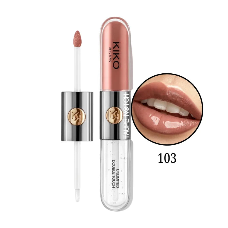 KIKO Unlimited Double Touch lipstick shade 103 with doe-foot applicator and lip swatch