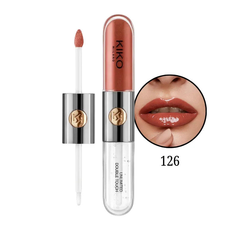 KIKO Unlimited Double Touch lipstick shade 126 with doe-foot applicator and lip swatch