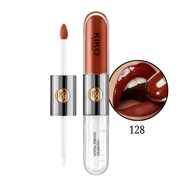 KIKO Unlimited Double Touch lipstick shade 128 with doe-foot applicator and lip swatch