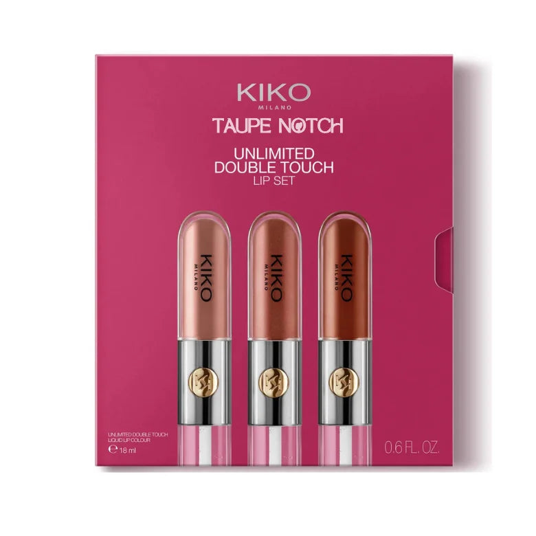KIKO Unlimited Double Touch lip set box with three tubes in nude-brown shades