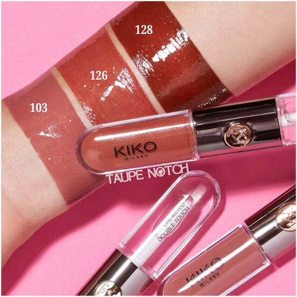 KIKO Double Touch lipsticks with swatches labeled 103, 126, and 128