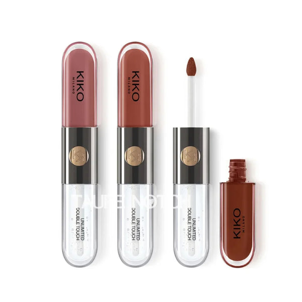 Lipstick set showing three KIKO Unlimited Double Touch tubes with doe-foot applicator