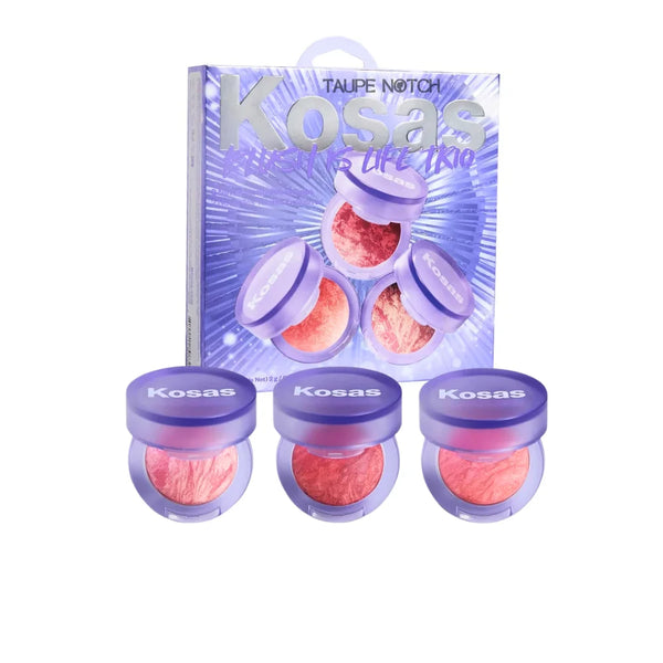 Kosas blush trio compact set with three purple lids and visible red-pink pans