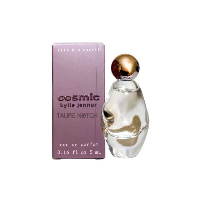 Kylie Jenner Cosmic EDP 5 ml with taupe box and gold cap, glass fragrance bottle