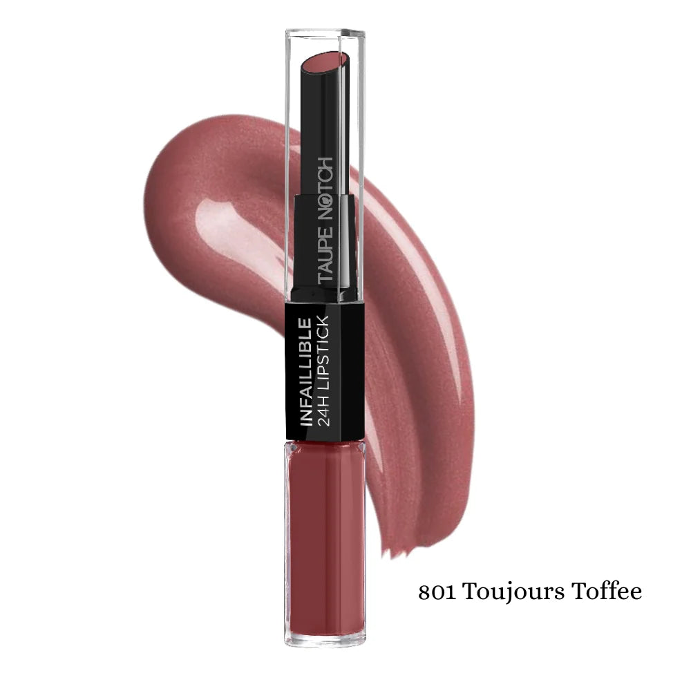 2-in-1 lipstick and lip balm, 801 Toujours Toffee shade with brownish applicator tube