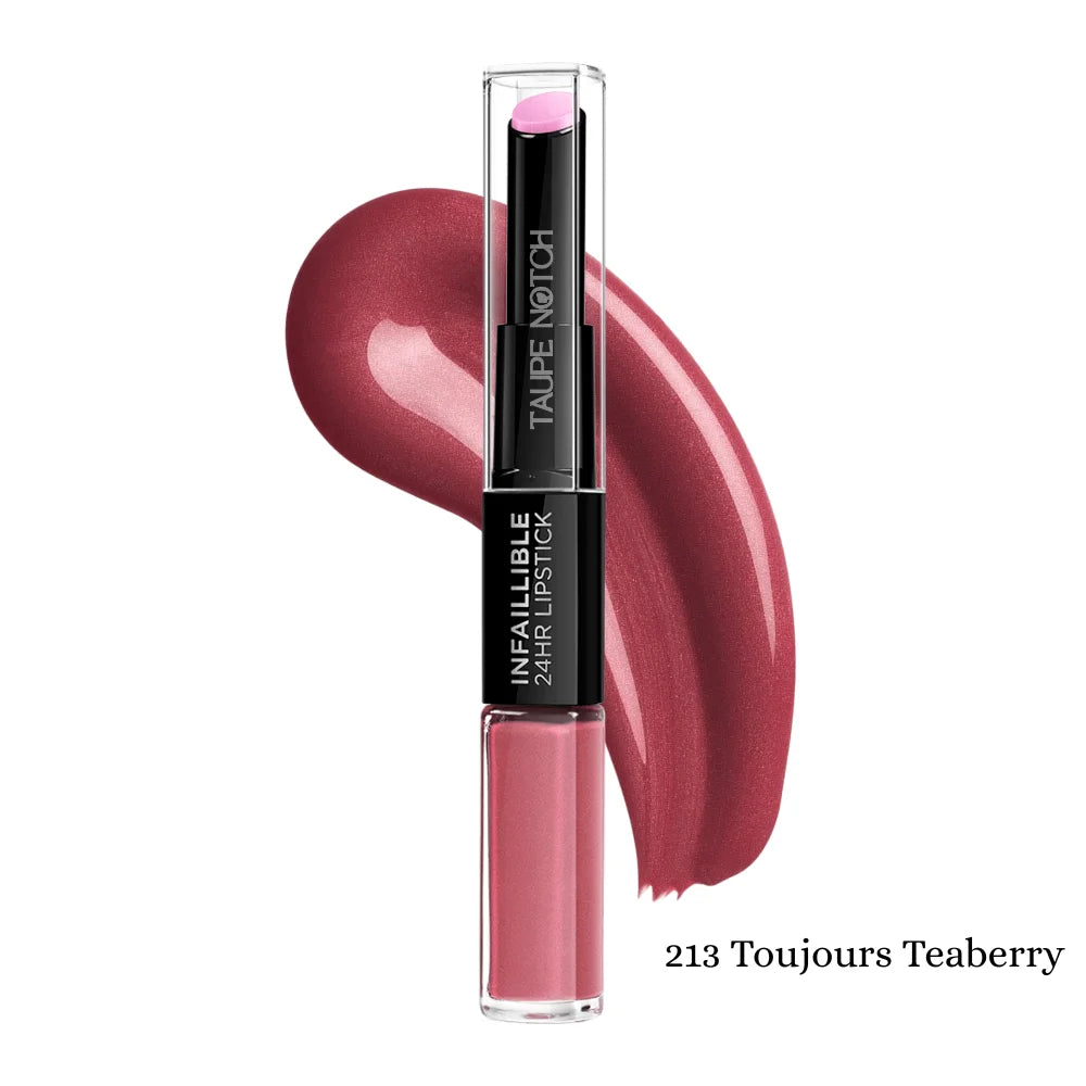 2-in-1 lipstick and lip balm, 213 Toujours Teaberry shade with rose applicator tube