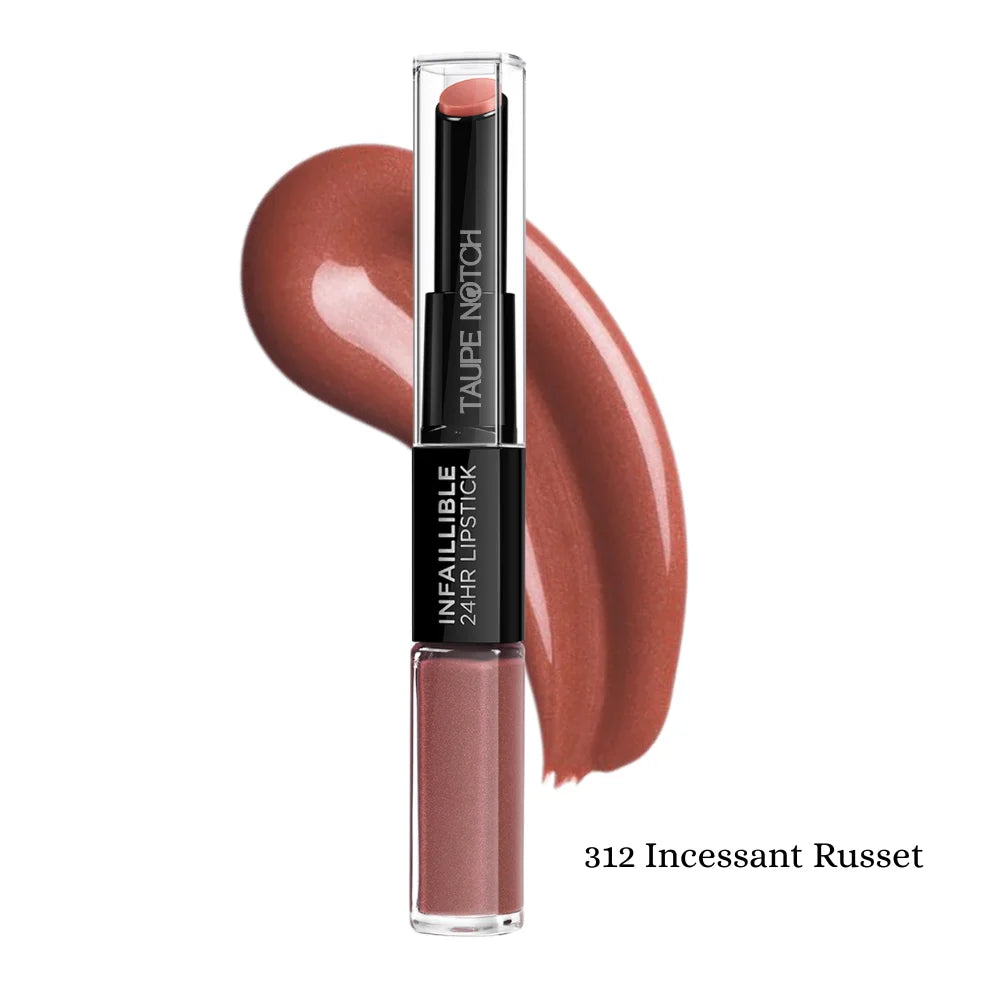 2-in-1 lipstick and lip balm, 312 Incessant Russet shade with mauve applicator tube