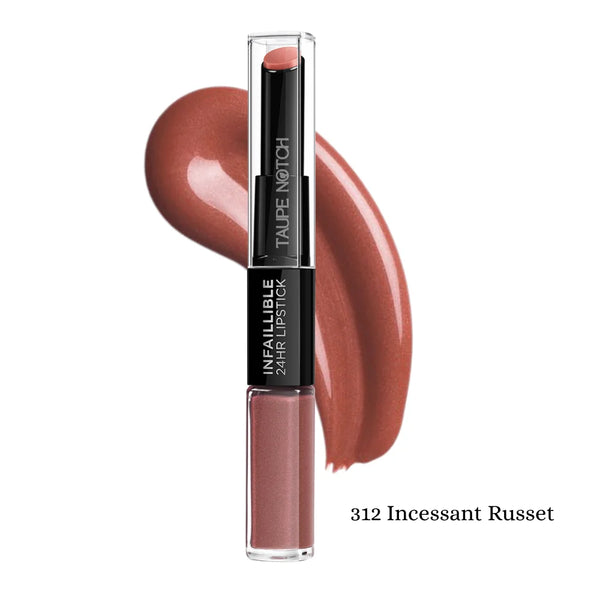 2-in-1 lipstick and lip balm, 312 Incessant Russet shade with mauve applicator tube