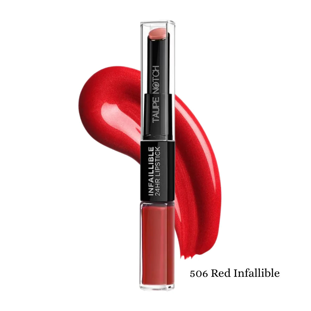 2-in-1 lipstick and lip balm, 506 Red Infallible shade with red applicator tube