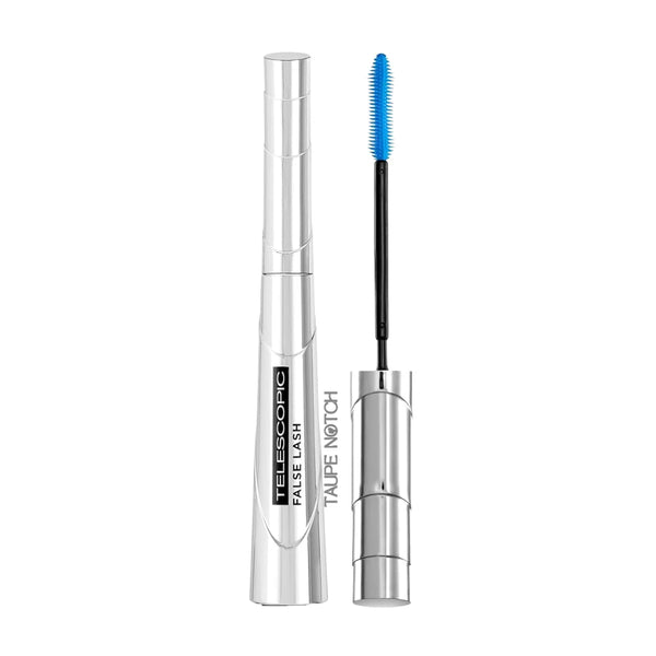 False lash telescopic mascara in silver tube with blue bristle wand