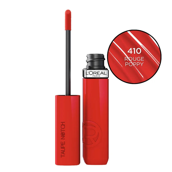 L'Oréal Infallible Lacque Resistance liquid lipstick in Rouge Poppy (410) shade