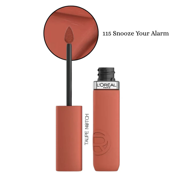 Liquid matte lipstick in terracotta, shade 115 Snooze Your Alarm, with applicator.
