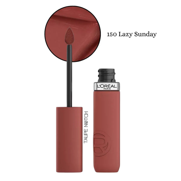 Liquid matte lipstick in dusty rose-brown, shade 150 Lazy Sunday, with applicator.