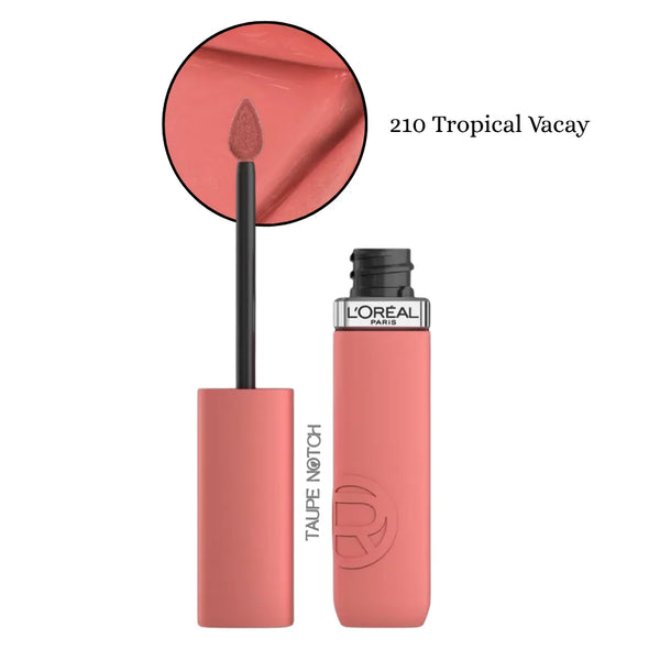 Matte liquid lipstick set, warm coral-pink shade with applicator and tube