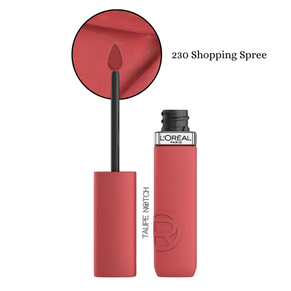 Liquid matte lipstick in rose-coral, shade 230 Shopping Spree, with applicator.