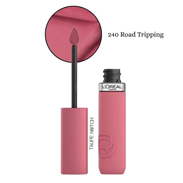 Liquid matte lipstick in mauve-pink, shade 240 Road Tripping, with applicator.