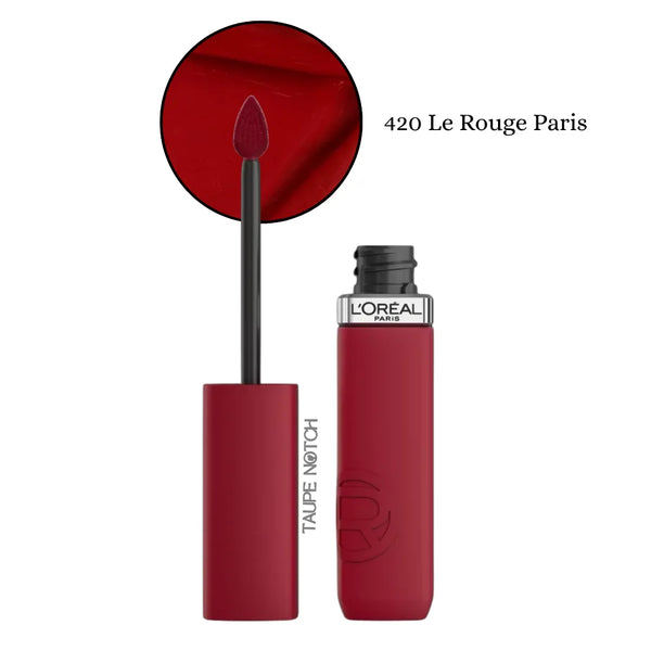 Liquid matte lipstick in classic red, shade 420 Le Rouge Paris, with applicator.