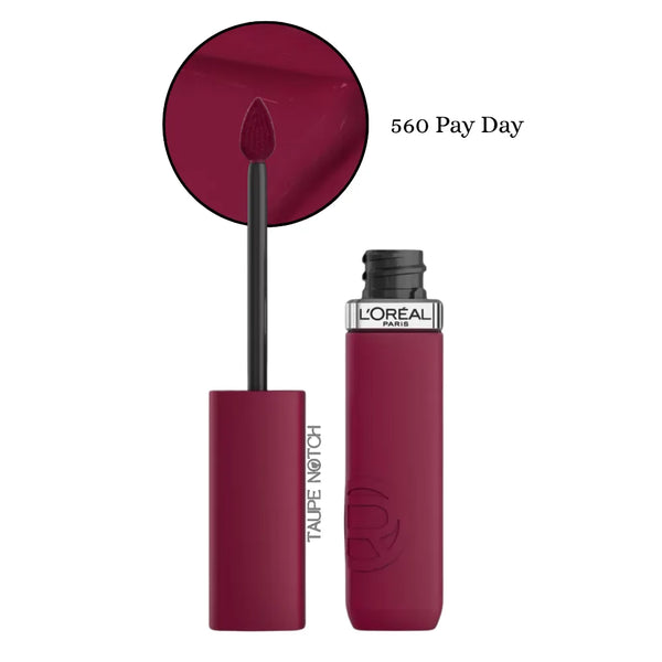 Matte liquid lipstick shade 560 Pay Day, with applicator wand and tube