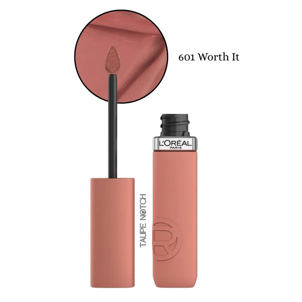 Liquid matte lipstick in nude rose, shade 601 Worth It, with applicator.