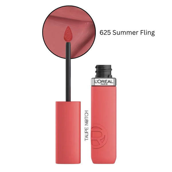 Liquid matte lipstick in coral-pink, shade 625 Summer Fling, with applicator.
