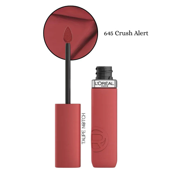 Matte liquid lipstick shade 645 Crush Alert, with applicator wand and tube