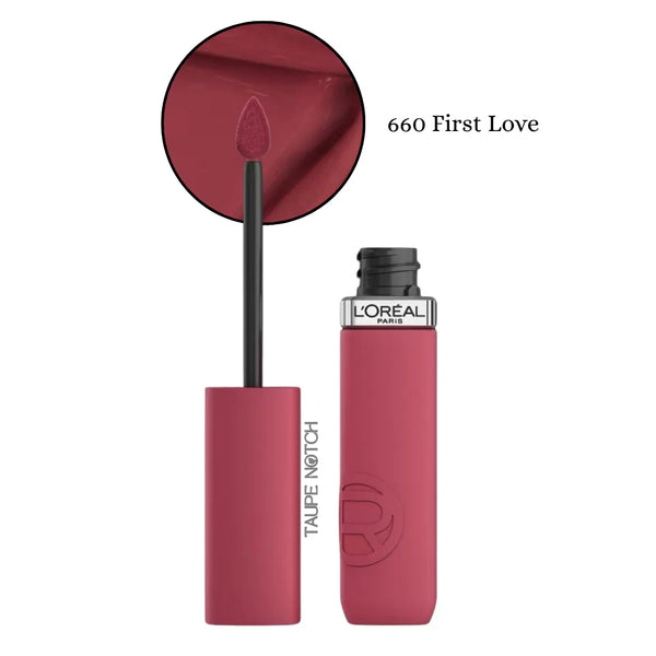 Liquid matte lipstick in deep rose, shade 660 First Love, with applicator.