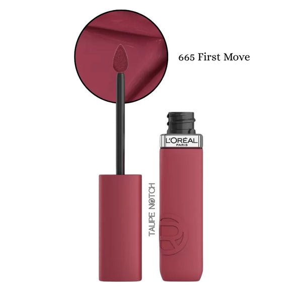 Liquid matte lipstick in berry rose, shade 665 First Move, with applicator.