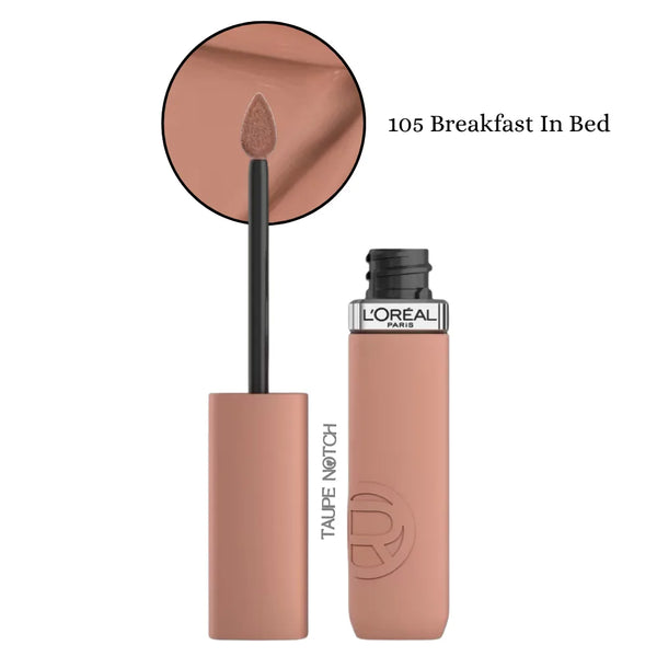 Liquid matte lipstick in light nude, shade 105 Breakfast In Bed, with applicator.