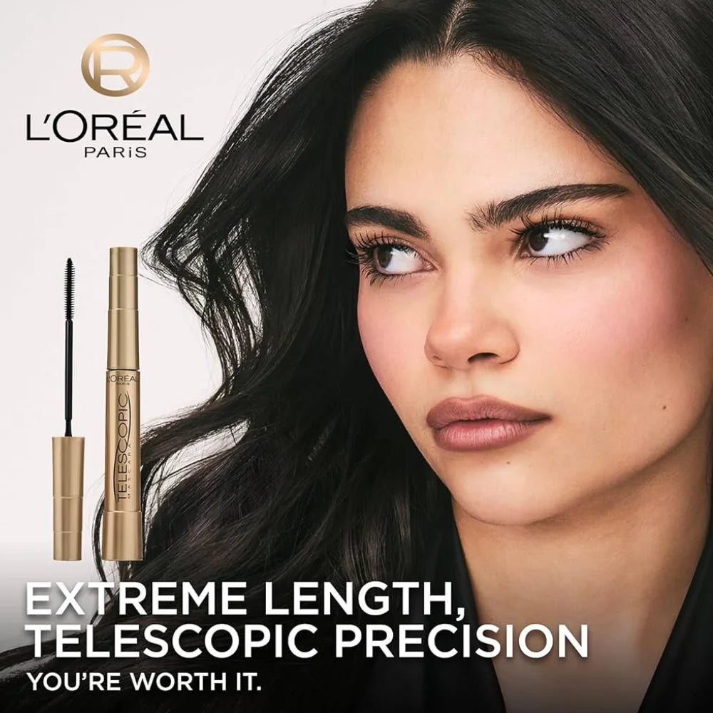 Telescopic lengthening mascara with wand in gold tube, beside model