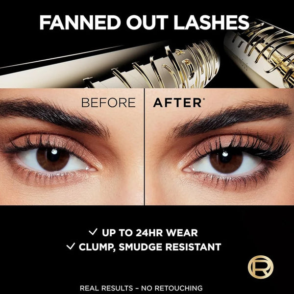 Close-up of two eyes with long fanned lashes, mascara effect on lashes