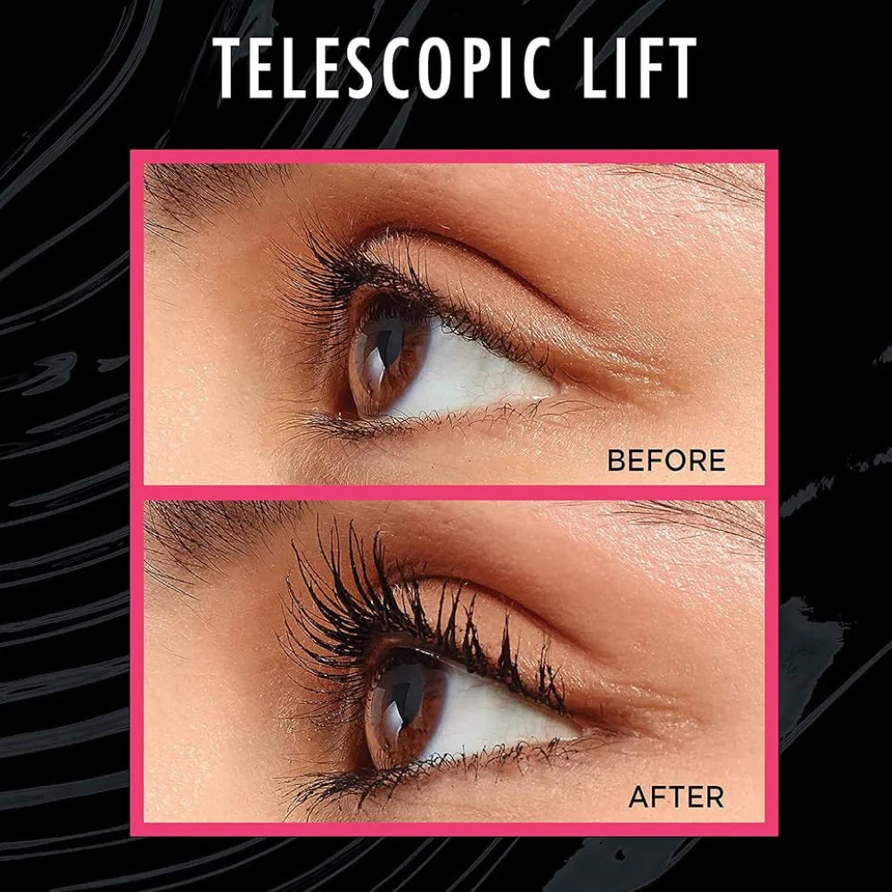 Before and after close-up of eyes showing lifted, fuller lashes