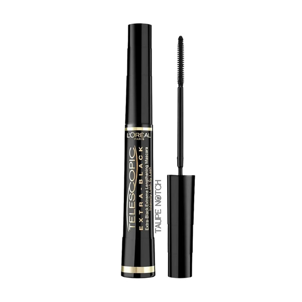 Black telescopic mascara with tube and attached wand brush, extra black