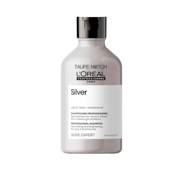 Silver shampoo bottle with white label and black cap, 300 ml