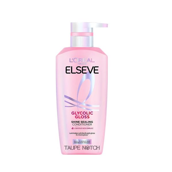 L’Oréal Elseve Glycolic Gloss conditioner bottle, pink plastic with cap