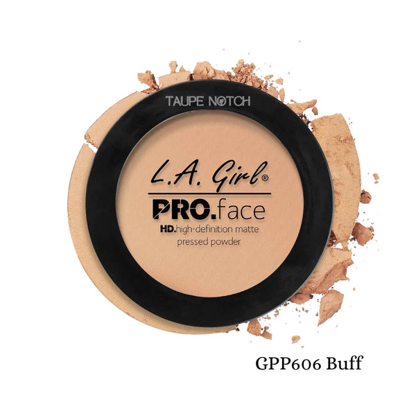 Pressed face matte powder compact, buff medium beige tone with black lid and label