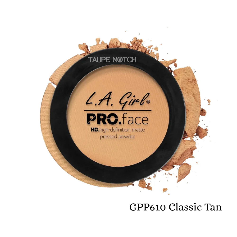 Pressed face matte powder compact, classic tan deep beige tone with black lid and label