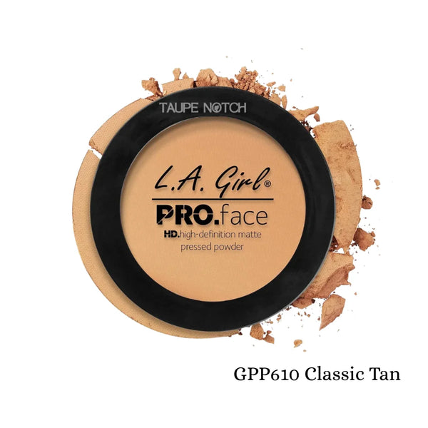 Pressed face matte powder compact, classic tan deep beige tone with black lid and label