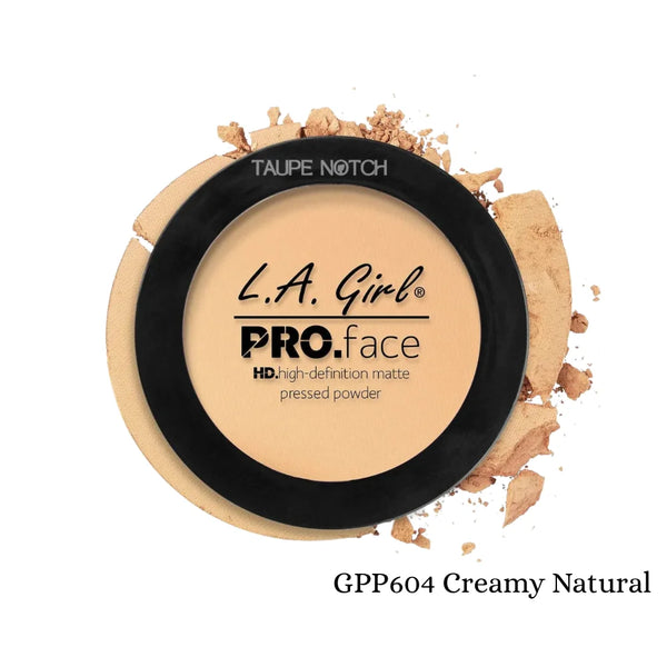 Pressed face matte powder compact, creamy natural beige tone with black lid and label