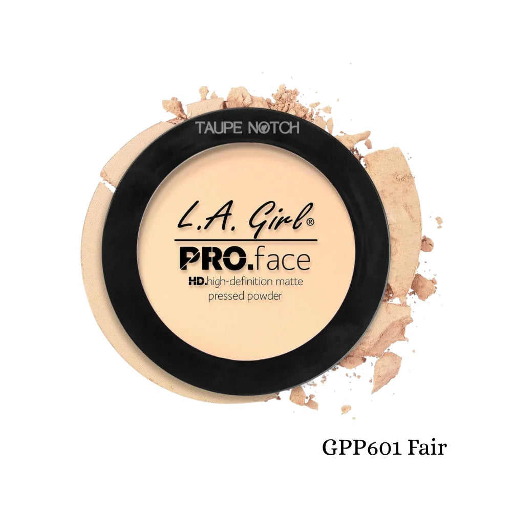 Pressed face matte powder compact, fair beige tone with black lid and embossed label