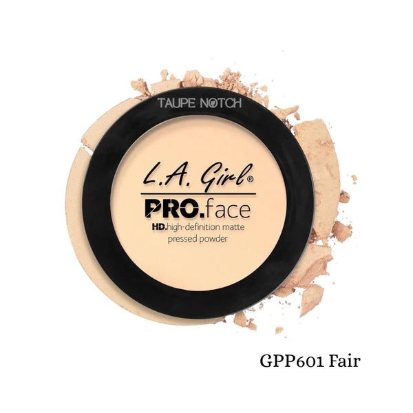 Pressed face matte powder compact, fair beige tone with black lid and embossed label