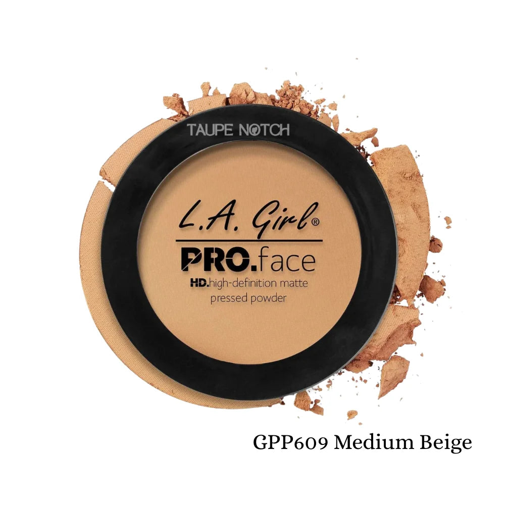 Pressed face matte powder compact, medium beige tan tone with black lid and label