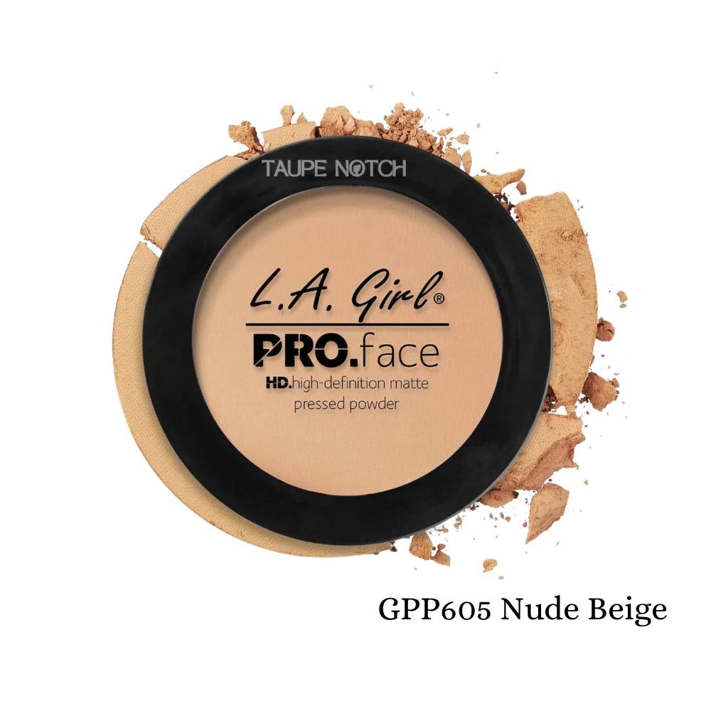 Pressed face matte powder compact, nude beige tone with black lid and embossed label