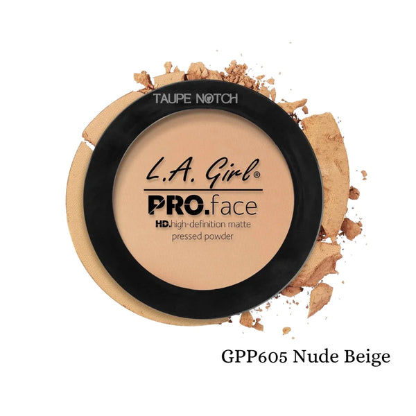 Pressed face matte powder compact, nude beige tone with black lid and embossed label