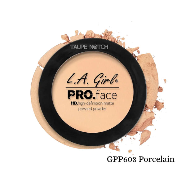Pressed face matte powder compact, porcelain cream-beige tone with black lid and label